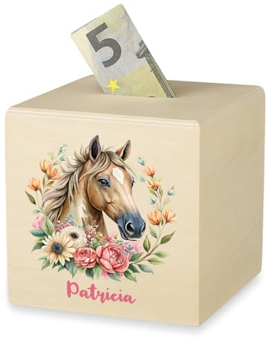 polar-effekt Holz Spardose für Mädchen mit Pferde UV-Druck - Personalisiertes Geldgeschenk mit Namen - für Münzen und Scheine geeignet - Sparschwein für Kids
