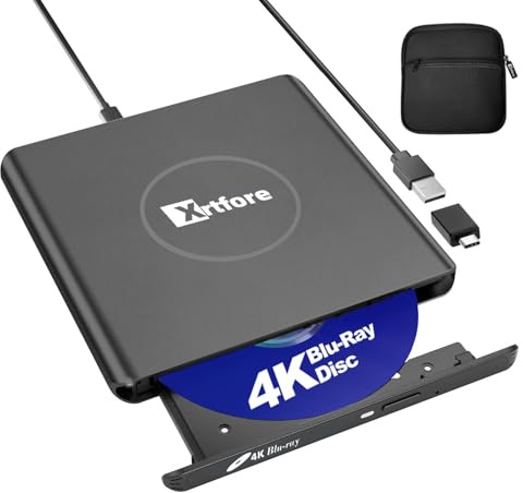 XRTFORE Unidad externa 4K Blu-Ray, quemador de aluminio 4K blu ray con funda de transporte, reproductor USB 3.0 uhd, unidad óptica externa DVD+/-RW para MacBook Pro Windows Laptop