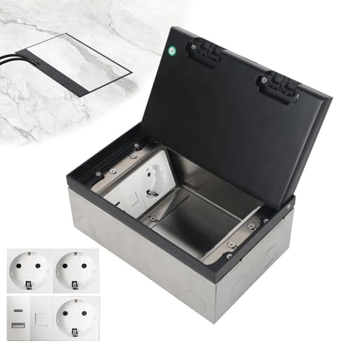 Bodentank Bodensteckdose, Edelstahl Bodeneinbau Steckdosenkasten, Wasserdichte Einbausteckdose mit 2/3 AC USB Typ-C RJ45, Versenkte Steckdose Innen für Küche, Wohnzimmer, Büro, Hotels (Schwarz, 3AC)
