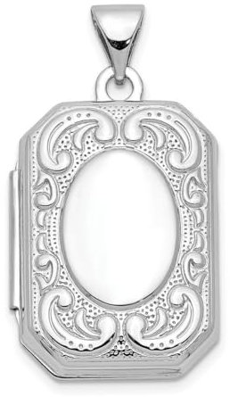 Medaillon-Halskette für Damen, 14 Karat Weißgold, poliert, gravierbar, für 2 Fotos, 20 mm, Buchschnörkel-Bordüre, Medaillon, Weißes Gold, Facettierte Steine
