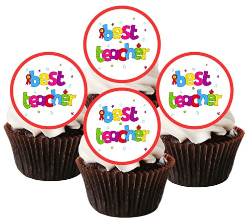 Best Teacher Edible Cupcake Toppers – Colourful Thank You Cake Decorations for Schools & Teacher Appreciation – 24 x 4cm/1.5 Inch Discs (UNCUT)
