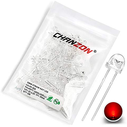 Chanzon 100 pcs 5mm Red LED Diode Lights (Clear Straw Hat Transparent DC 2V 20mA) Super Bright Lighting Bulb Lamps Electronics Components Light Emitting Diodes