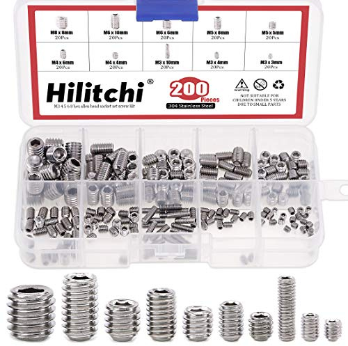 Hilitchi 200pcs M3 / 4/5 / 6/8 Stainless Steel Allen Head Socket Hex Grub Screw Set Assortment Kit with Plastic Box (304 Stainless Steel)