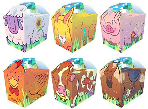 Playwrite 30 Farm Animal Party Boxes for Kids – Cardboard Treat & Lunch Boxes with Carry Handle – Cute Farmyard Designs Including Sheep, Rabbit, Pig, Chicken, Cow & Horse