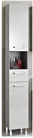 Pelipal Badezimmerschrank Quickset 913 in Weiß Glanz/ Betonoptik, 30 cm breit | Hochschrank mit 2 Türen, 1 Nische, 1 Schubkasten und 2 Einlegeböden