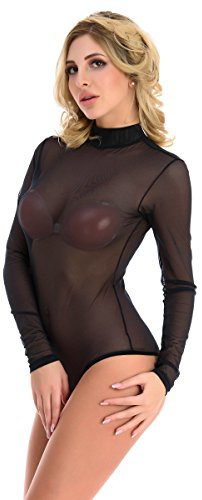 Damen Body Elegant Sexy Rollkragen Blusen Mesh T-Shirt Langarm Festival Outfit Oberteile Party Clubwear