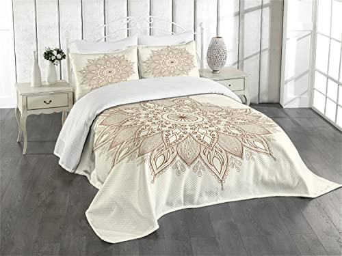 ABAKUHAUS Beige Tagesdecke Set, Tribal Flower Ethnische Spitze, Set mit Kissenbezügen Sommerdecke, für Doppelbetten 264 x 220 cm,Braun Elfenbein