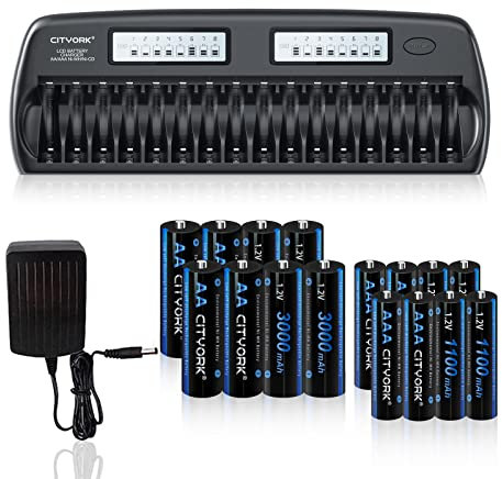 Chargeur de Batterie Intelligent LCD AA/AAA PALO 16 Baies avec 8 Piles Rechargeables AA 3000mAh et 8 Piles Rechargeables AAA 1100mAh