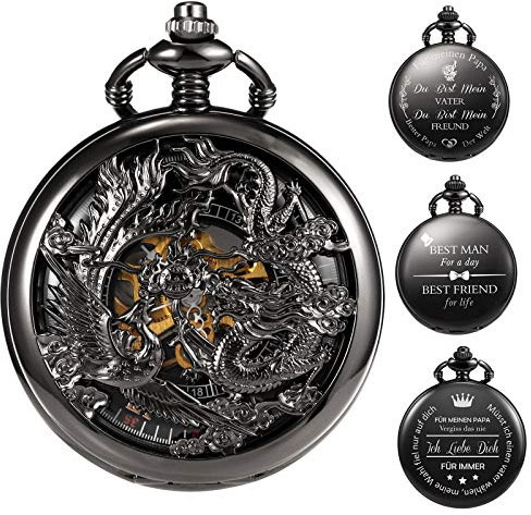 TREEWETO Unisex Antik Taschenuhr Personalisiert Gravur mit Kette analog Handaufzug Drache Phönix Skelett Doppeljäger Römische Schwarz