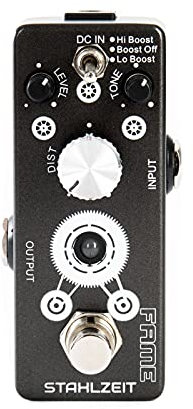 Fame Effektgerät Gitarre, Distortion Pedal E-Gitarre, Verzerrer mit schaltbaren Hi Boost und Low Boost, Stahlzeit