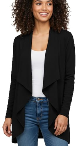 STAR FASHION Women’s Waterfall Cardigan Long Sleeve Open Front Hanky Hem Casual Blazer Plus Size Ladies Draped Waterfall Flowy Cover Up Plain Floaty Layering Top Black-8-10
