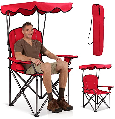 RELAX4LIFE Silla Plegable Camping con Toldo para Pesca y Marco de Acero, Silla de Playa de Tela Oxford con Soporte para Bebidas y Bolsa de Transporte para Excursión y Camping, Carga 120kg (Rojo)