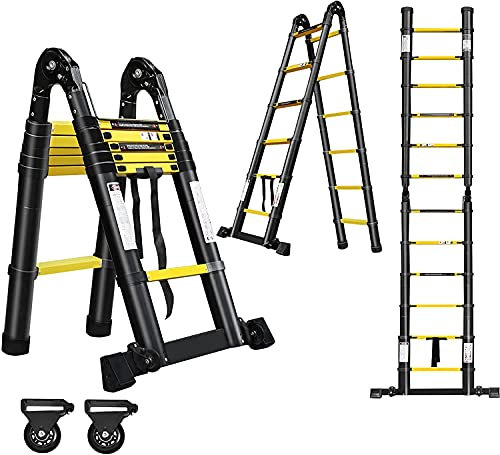 Froadp 380cm Échelle Pliante Télescopique, Multifonctionnelle Echelle Pliable en Aluminium, Escabeau à Barreaux avec 12 Marches, Escabot Extensible Capacité de Charge Jusqu'à 150KG(Noir+Jaune)