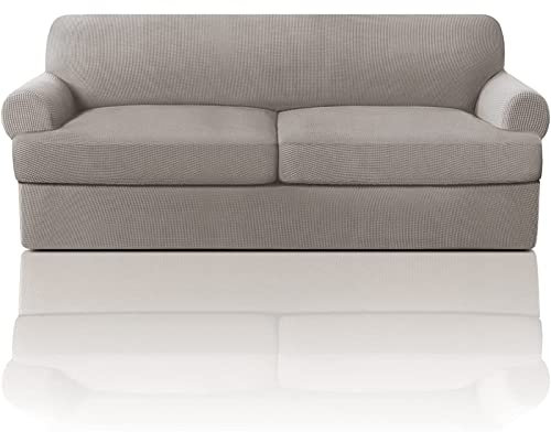 GYHH Jacquard Sofahusse Sofabezug Mit 2 Separatem T-Kissen-Sitzbezügen Stretch Couchbezug Elastischer Stretchhusse Für T-Kissen Sofabezüge Weiche Für Sofa (Taupe,Large)