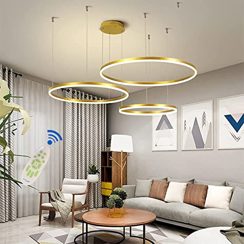 Pendelleuchte LED Esstisch Lampe Mit Fernbedienung Hängeleuchte Dimmbar Höhenverstellbar Kronleuchter Wohnzimmer Pendellampe Metall Ring Acryl Deckenleuchte Esszimmer Hängelampe Küchen,Gold,3 rings