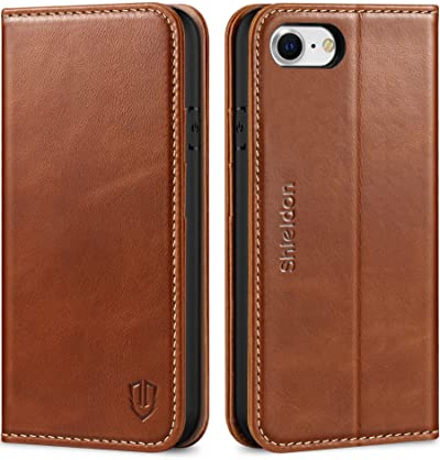 SHIELDON Rindsleder Hülle für iPhone SE2022/SE2020/7/8 4,7, Retro Braun | Kartenfach, Standfunktion, Magnetische Lederhülle, Handyhülle, Cover Case, Klapphülle Kompatibel mit SE2/SE3