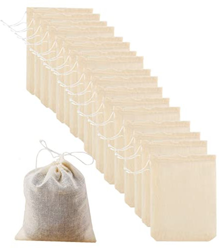HAKZEON 100 Pack 10 x 8cm Cotton Muslin Drawstring Bags, Resuable Small Mesh Bags Tea Bags for Cooking, Soaking, Tea Coffee Filter, DIY Carft Spices Storage, Gift