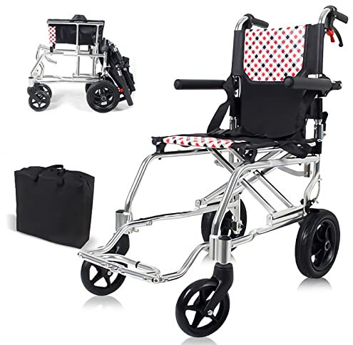 Bueuwe Rollstuhl Faltbar Leicht Aluminium Reiserollstuhl mit Transporttasche, Ultraleichter Rollstühle für Senioren, Trommelbremsen mit Feststellfunktion, Klappbare Armlehnen, Sitzbreite 37 cm