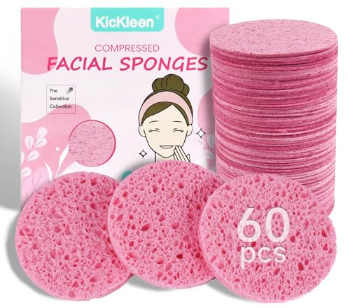60 spugne per il viso compresse, 100% cellulosa kickleen naturale, spugne cosmetiche per spa per la pulizia quotidiana del viso, rimozione di trucco e maschera, esfoliante, massaggio della pelle,