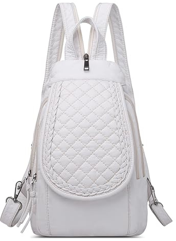 DIRRONA Stylish Small Backpack for Women PU Leather – Convertible Mini Rucksack with Multi Pockets, Lightweight Fashion Daypack for Travel, Work & Daily Use White Quilted