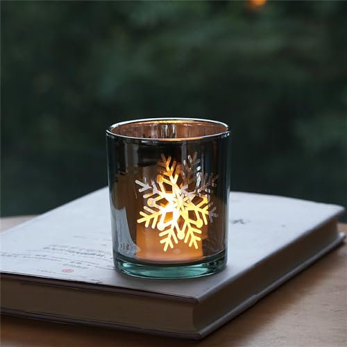 Hiseng Teelichthalter 12er-Set Glas Kerzenhalter Votivkerzenhalter Kerzenständer Teelichtgläser Kerzenleuchter Teelichter Dekoration für Weihnachten Tischdeko, Hochzeit, Party (Schneeflocke A)