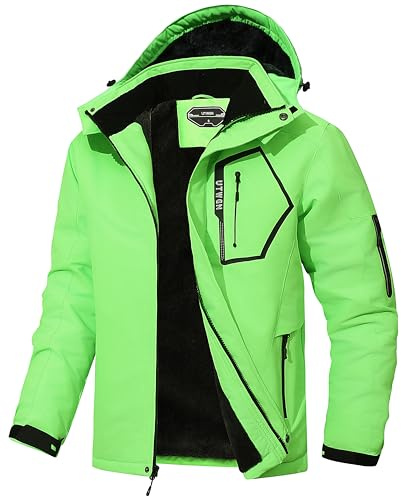 UTWGN Men's Ski Jacket Winter Warm Snow Coat Waterproof Windbreaker Hooded Work Outerwear Snowboarding Jackets, Fluorescent Green, XL