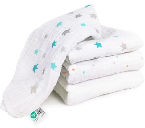 MAKIAN Mullwindeln 3er Pack, 80x80 cm, Oeko-TEX® Standard 100 geprüft, 3 Spucktücher in Premium Qualität - doppelt gewebte Stoffwindeln/Mulltücher - Punkte/Sterne/Weiß