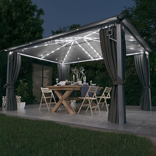 ShCuShan Pavillon mit Vorhängen & LED-Lichterkette Pavillon Beleuchtung Partyzelt Gartenpavillon Pavilliondach Gazebo Canopies 400x300 cm Anthrazit Alu