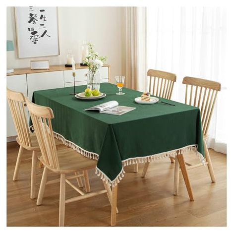 BCughia Tischdecke 100x160 Grün, Tischtuch Abwaschbar Rechteckig Baumwolle Einfarbig mit Quasten Tischtuch für Indoor, Outdoor, Essen, Küche