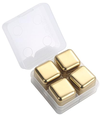 Schnell Abkühlende Eissteine, 4 Stück Edelstahl-Whiskey-Steine, Wiederverwendbare Stein-Eiswürfel mit Zange für die Hausbar (Gold)