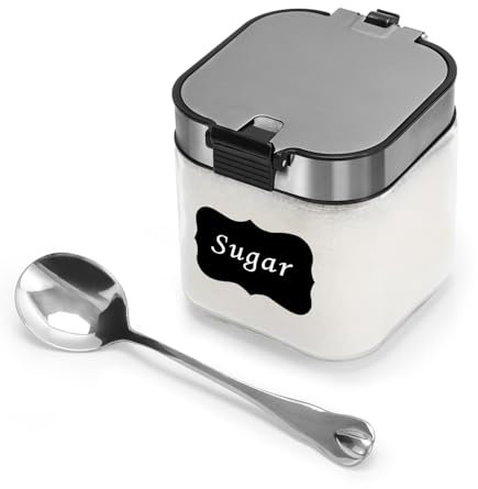 Aelga Glass Sugar Bowl with Lid and Spoon, 8.5 OZ Sugar Container Stainless Steel Flip Lid, Salt Container for Kitchen, Coffer Bar Accessories, Countertop