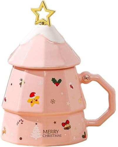 MAGICVOGEL Keramik Weihnachtstasse Niedliche 3D Weihnachtsbaum Form Kaffeebecher Weihnachtsbecher mit Rührstab Süße Kaffeetasse Geschenk für Weihnachten Geburtstag Neujahr (Rosa)