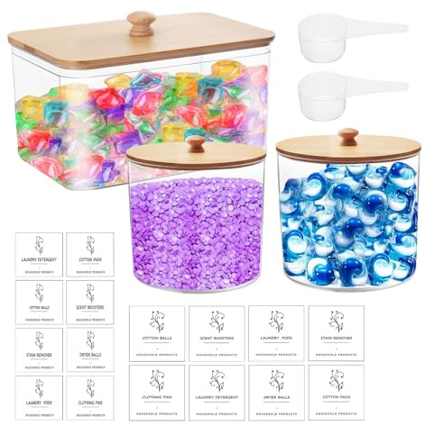 mumisuto 3Pcs Laundry Jars Laundry Storage Containers, Large Capacity Laundry Detergent Storage with Wooden Lids, Plastic Laundry Washing Pods Storage Container with Labels & Spoons for Home | 3-piece laundry detergent storage set with labels and spoons Clear washing pod holder jars for laundry room organisation