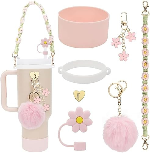 TOEECY Stanley Cup Accessori 7 Pezzi Set Incluse Manico Bottiglia d'Acqua Coperture Cannuccia Custodia in Silicone Portachiavi a Margherita per 30 oz 40 oz Tumbler Coppe Non Incluse (Rosa chiaro)