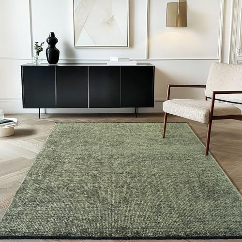 Carpetsale24 Baumwolle Teppich Grün 240x340 cm Waschbar, Boho-Stil, Vintage Kelim, Kurzflor, rutschfest & Weich, Einfarbig Meliert, Für Wohnzimmer, Schlafzimmer, Büro & Küche