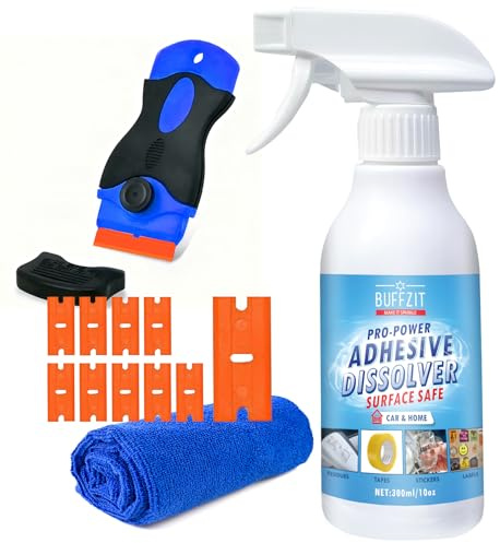 BUFFZIT Adhesive Remover Spray for Cars, Home & Office – Removes Stickers, Labels, Decals, Tape Residue, Gum, Tar & Grease – Glue & Sticker Remover with Scraper and Towel Set, 10oz (300ml)