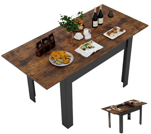 YU YUSING Table Bois Salle à Manger Extensible Rectangle 105-150cm, Table de Cuisine avec Rallonge pour 4 à 6 Personnes, Cadre Métallique Robuste, pour Salon, Bureau, Petit Espace, Marron Rustique