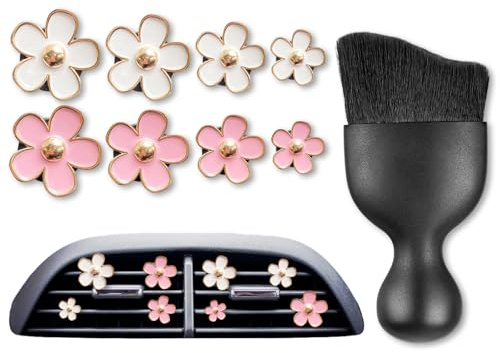 9PCS Auto Zubehör Innenraum Frauen, 8 Daisy Car Clips + 1 Black Cleaning Brush, Auto Gadgets Innenraum, Auto Innenraum Reiniger Set für Schöne Innendekoration, Auto Diffuser