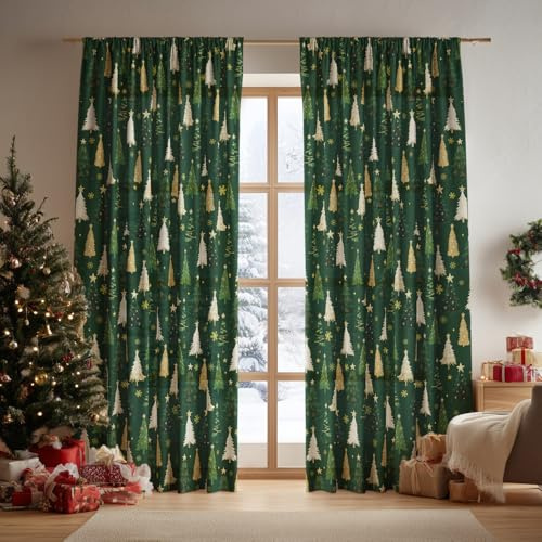 Horaldaily Christmas Sheer Curtains for Living Room and Bedroom, Xmas Tree Star Foil Print Green Curtains, Holiday Window Drapes Decorations, 52 W x 63 L, Set of 2 Curtain Panels