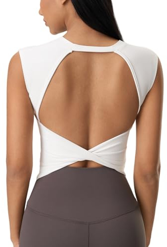 Damen Sport Top rückenfrei: Ärmellos Crop Top Twist zurück mit Halb-Feste Cups - Sexy Sommer Shirt für Yoga Fitness Gym reinweiß M