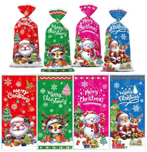 50 Stücke Geschenkbeutel Weihnachten, Geschenkverpackung Weihnachten, Weihnachtstiiten Klein, Süßigkeiten Taschen, Partytüten, Kekstüten, Weihnachtstüten Süßigkeiten Plastik Tasche