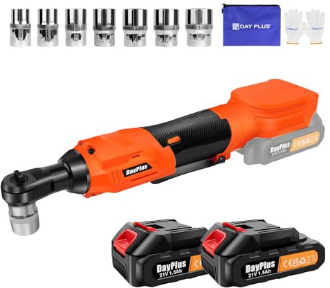 Bowose 3/8 Inch Cordless Ratchet Wrench with 2X 21V 1.5Ah Batteries, 7X Impact sockets, 60ft-lbs, Built-in LED Light, Forward/Reverse Switch, 320RPM, Lightweight Electric Ratchet Wrench