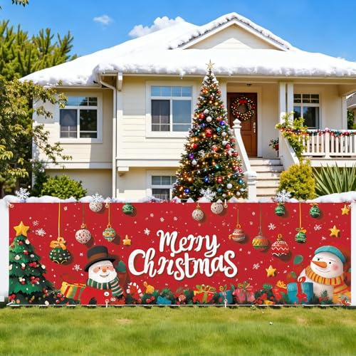 CRYSLOVE Große Frohe Weihnachten Banner,300 x 90 CM Weihnachtsbanner Balkon,Weihnachtsbanner Outdoor&Frohe Weihnachten Außen Banner, für Christmas Deko Outdoor&Indoor Decorations