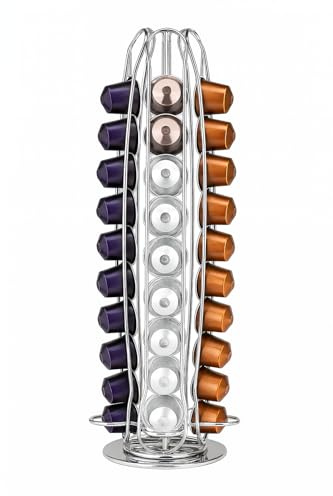 Doria Rotating Coffee Pod Holder Stand for 40 Coffee Capsules, Space-Saving Coffee Capsule Organiser for Pods, Metal Kitchen Counter Storage Rack, Silver