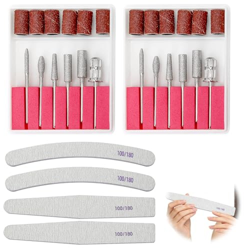 28 Stück Set Nagelfräser Bits + Schleifhülsen und Nagelfeilen 100/180, Aufsätze für Maniküre Pediküre, Gel Acrylnägel und Naturnägel, Nail Drill Zubehör