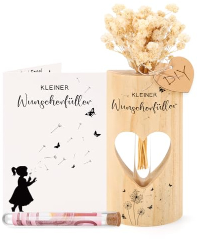 PRSTENLY Wunscherfüller Geldgeschenk, Reagenzgläser Kunststoff für Geld & Blumen Mit Ständer Holz+Trockenblumen+A6 Glückwunschkarte, Geschenk zur Taufe Geburtstag Konfirmation Einschulung