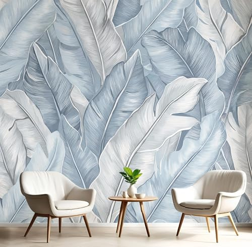 GSAEIMCT Papier Peint Photo Gris-Bleu Feuille De Bananier Plantes Tropicales Effet 3D Poster Tableaux Photo Muraux Utilisé Pour Salon Chambre Chambre D'Enfant Décoration Murale,250X170Cm