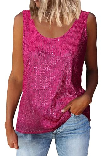 Pailletten Top Dam Festival, glittrande överdelar Dam Pailletten Topp Rundhals Tank Top Sexig Väst Ärmlös Blus Glitter Nyårsklänning Glamour Crop Top Enfärgad Clubwear Glamour Kortärm, Het rosa, XXL