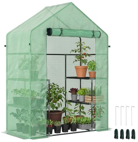 Outsunny Serra da Giardino con Ripiani a 3 Livelli 142x73x195 cm Verde | Porta Avvolgibile a Zip, Serra per Orto, Struttura in Acciaio, Copertura PE, Verdure Fiori Frutta, Anti UV, Giardinaggio