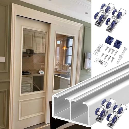 Binario per Porta Scorrevole Kit Ferramenta per Ante Scorrevoli Bypass da Cucina, Binario per Ante Scorrevoli Doppie, Binario per Ante Bypass Dell'armadio(Silver,250cm(98.4in))
